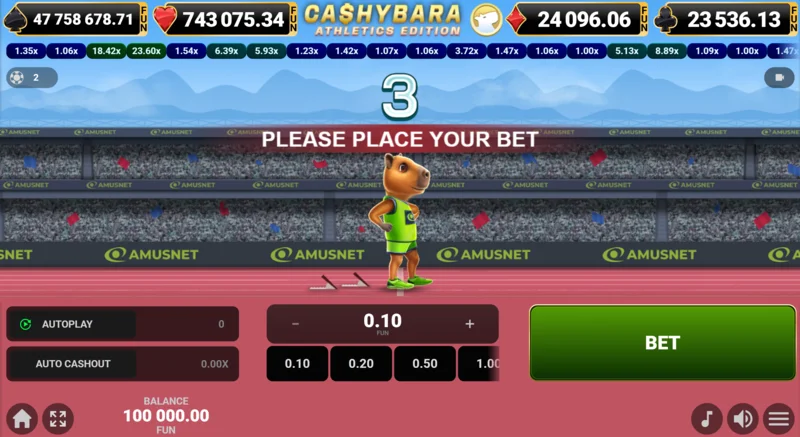 Cashybara Athletics Edition - skrin utama perlumbaan dengan meter pengganda